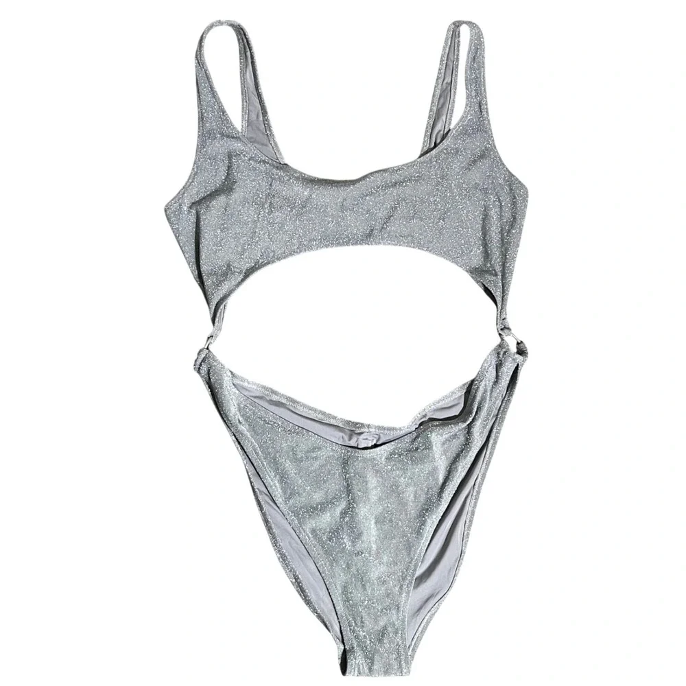 SKIMS Silver Sparkle Cut Out Monokini‎ Swim One Piece Metallic Ring Detail 4X